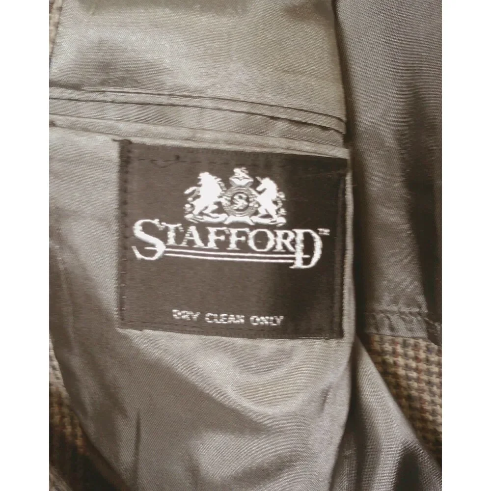 Vintage Stafford 44L 100% Wool Houndstooth Blazer USA Made Brown Sport Coat Fall